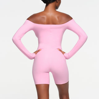 FITS EVERYBODY PICOT OFF THE SHOULDER ONESIE | BUBBLE GUM