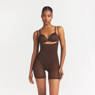 POWER MESH SHAPEWEAR CORE SCULPT OPEN BUST MID THIGH BODYSUIT | COCOA