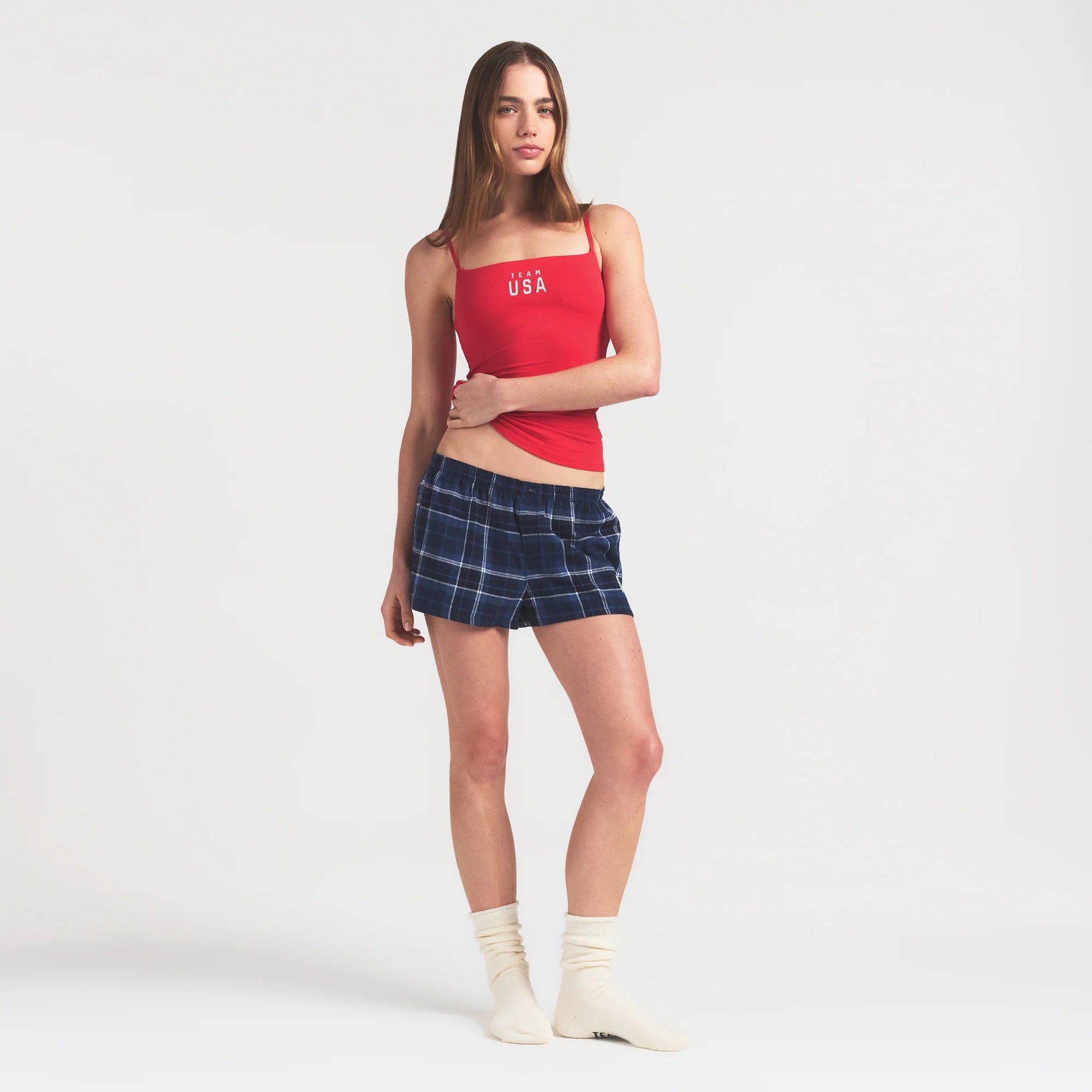 SKIMS FOR TEAM USA FLANNEL SLEEP OLYMPIC SHORT | NAVY PLAID