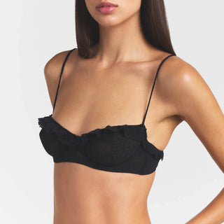 STRETCH LACE RUFFLE UNLINED BRA | SOOT