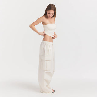 WOVEN COTTON OVERSIZED LOW RISE CARGO PANT | EGRET
