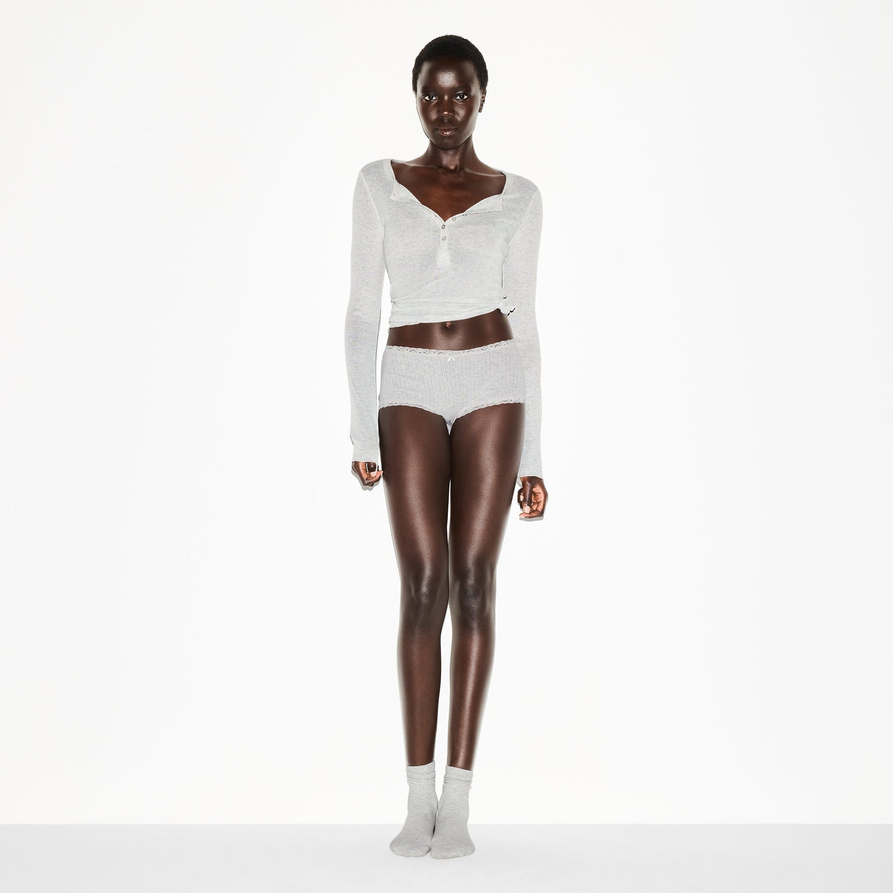 LIGHTWEIGHT COTTON POINTELLE LACE BOY SHORT | LIGHT HEATHER GREY