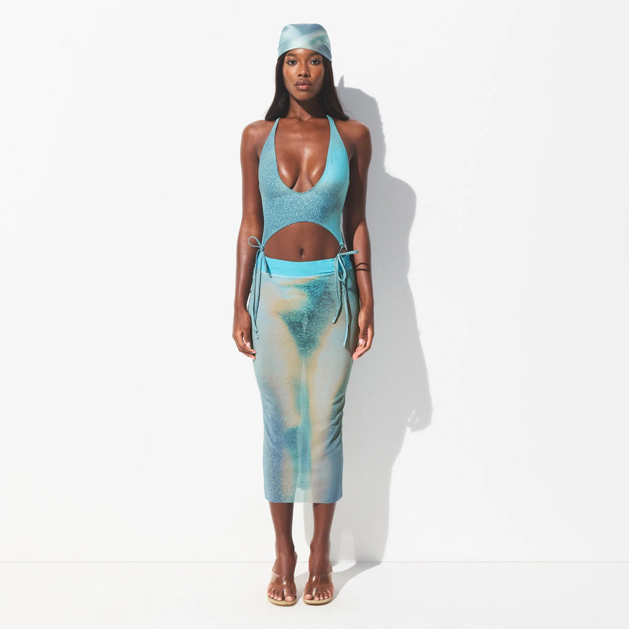 MESH COVER-UPS MIDI SKIRT | CYAN FK BODY PRINT