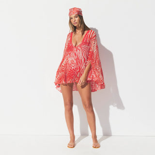 SWIM COVER-UPS SHEER MINI KAFTAN | CARMINE ZEBRA PRINT