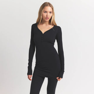 WOOL RIB HENLEY DRESS | OBSIDIAN