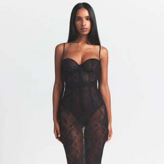 ULTRA FINE LACE STRAPLESS CORSET LONG DRESS | ONYX