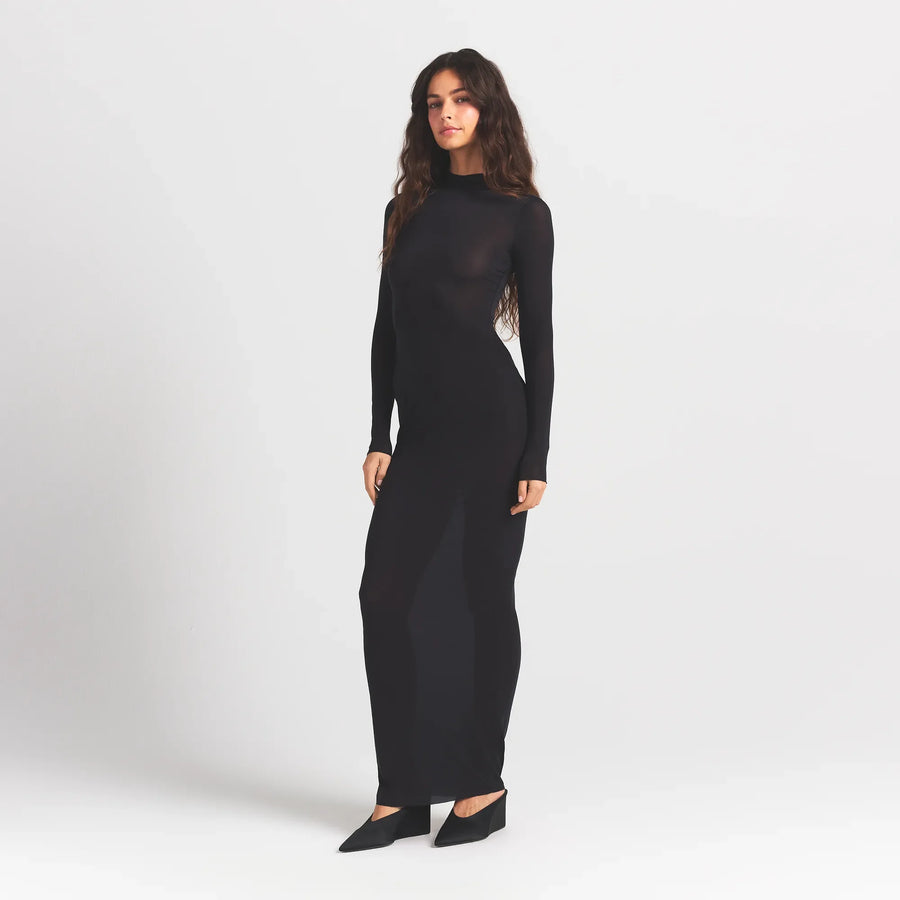 MILKY SHEER MOCK NECK LONG SLEEVE LONG DRESS | OBSIDIAN