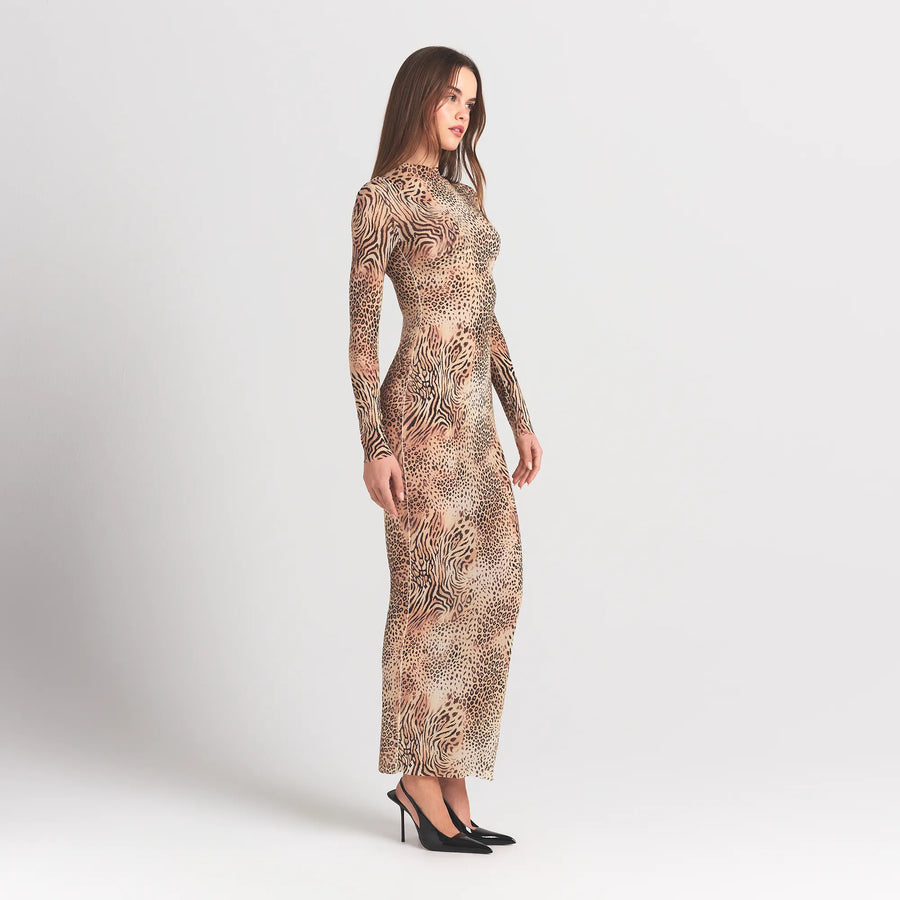 MILKY SHEER MOCK NECK LONG SLEEVE LONG DRESS | SAND MULTI ANIMAL