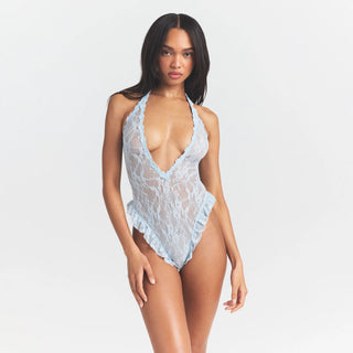 STRETCH LACE DEEP PLUNGE TEDDY | POWDER BLUE