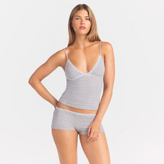 LIGHTWEIGHT COTTON POINTELLE LACE CAMI AND BOY SHORT SET | LIGHT HEATHER GREY PIN DOT