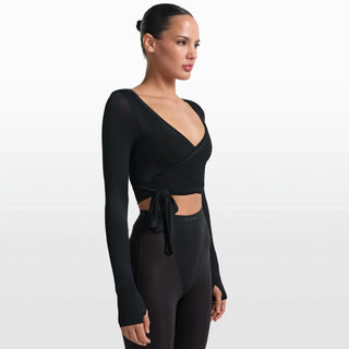 NikeSKIMS STRETCH KNIT WRAP LONG SLEEVE CROPPED TOP | OBSIDIAN