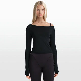 NikeSKIMS STRETCH KNIT LONG SLEEVE BOATNECK TOP | OBSIDIAN