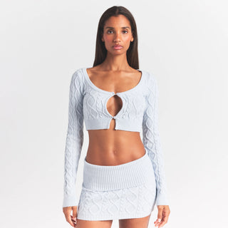 SWEATER KNITS CABLE KNIT CROPPED CARDIGAN | ZEN BLUE