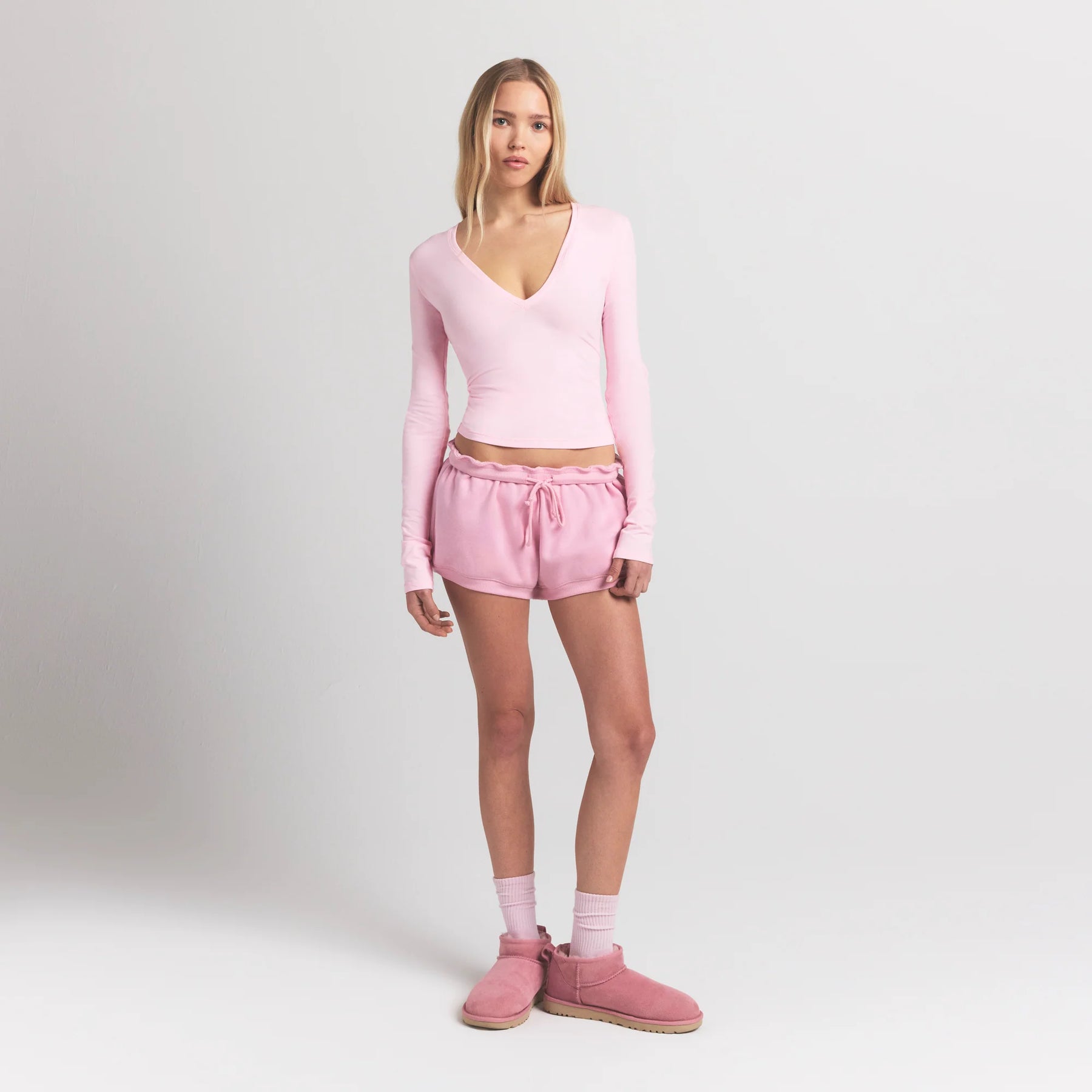 COTTON JERSEY LONG SLEEVE PLUNGE TOP | CHERRY BLOSSOM