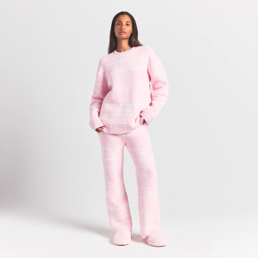 COZY LIGHT CREWNECK PULLOVER | BABY PINK HEART FAIR ISLE