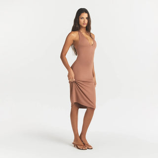 SMOOTH LAYERS PLUNGE HALTER MIDI DRESS | NUTMEG