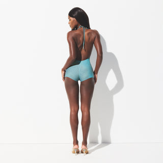 SIGNATURE SWIM PLUNGE SHORTIE ONE PIECE | CYAN FK OMBRE PRINT