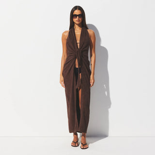 TERRY COVER-UPS DEEP PLUNGE HALTER WRAP DRESS | DARK SEPIA
