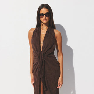 TERRY COVER-UPS DEEP PLUNGE HALTER WRAP DRESS | DARK SEPIA