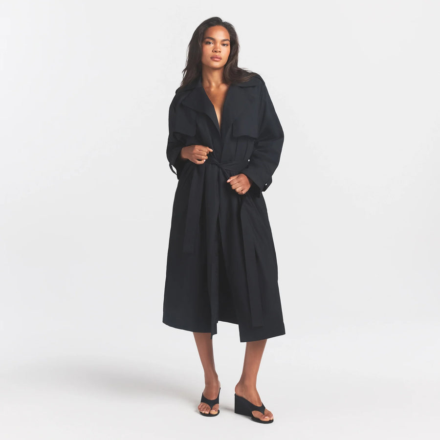 WOVEN COTTON OVERSIZED TRENCH COAT | ONYX