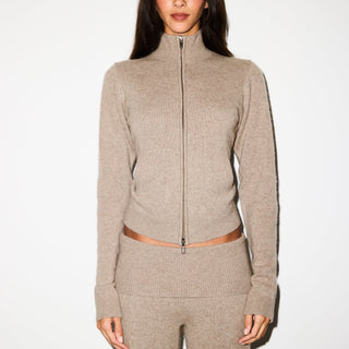 WOOL CASHMERE ZIP UP MOCK NECK SWEATER | LINEN