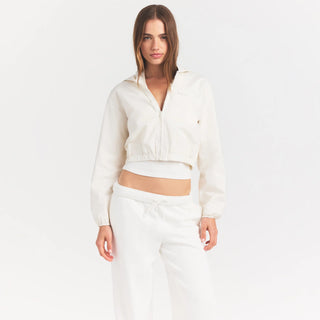 WOVEN COTTON CROPPED ZIP UP JACKET | EGRET