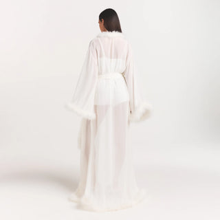 BRIDAL SLEEP FEATHER TRIM LONG ROBE | IVORY