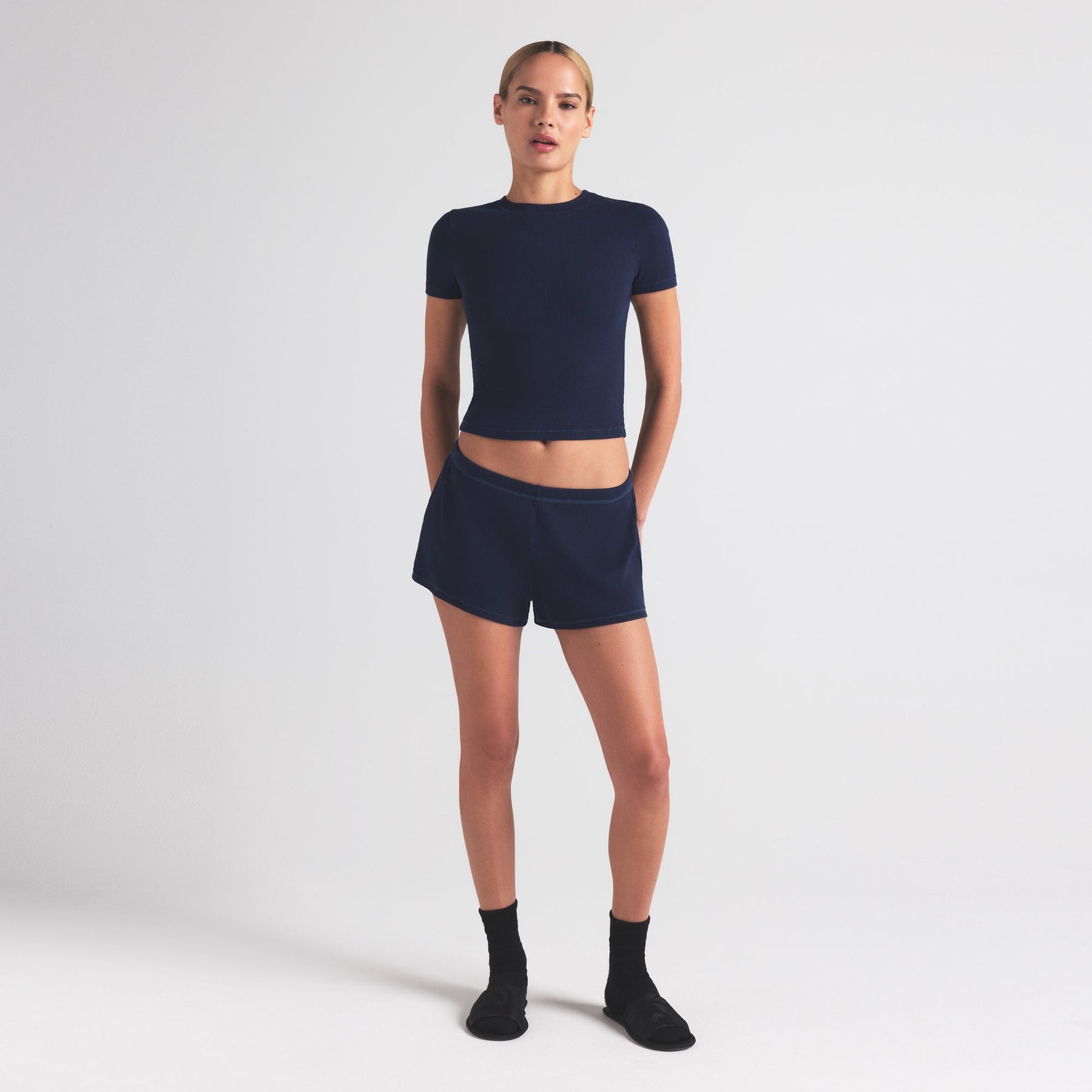 COTTON RIB LOOSE SHORT | NAVY