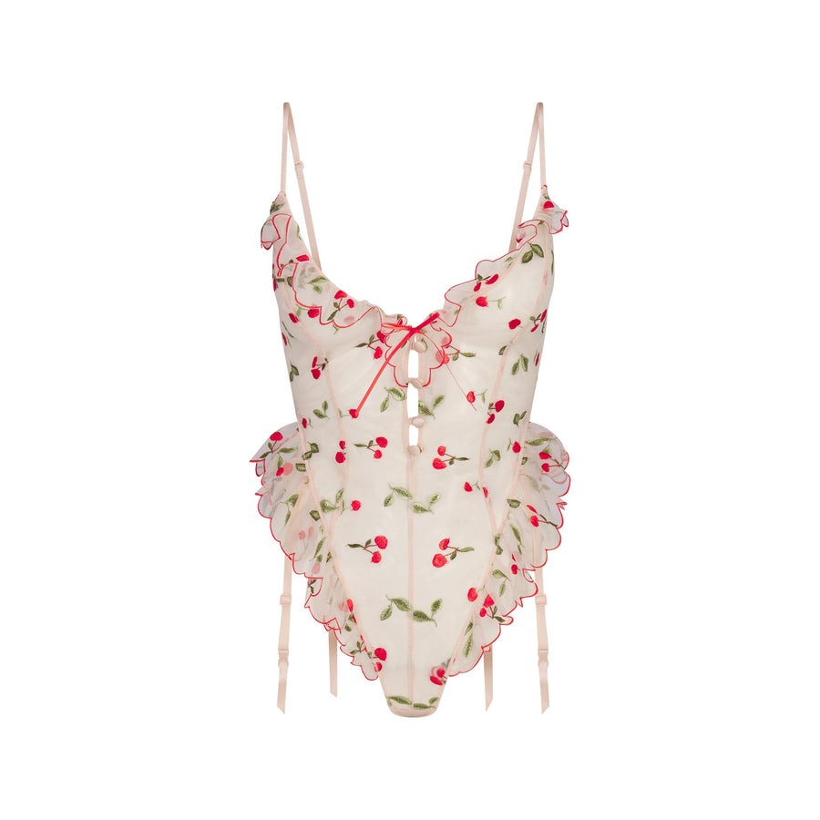 EMBROIDERED TULLE GARTER TEDDY | PRIMROSE CHERRY TULLE