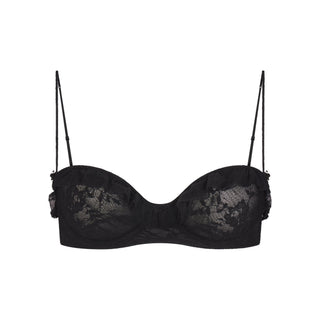 STRETCH LACE RUFFLE UNLINED BRA | SOOT