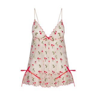 EMBROIDERED TULLE MINI SLIP DRESS AND TANGA SET | PRIMROSE CHERRY TULLE