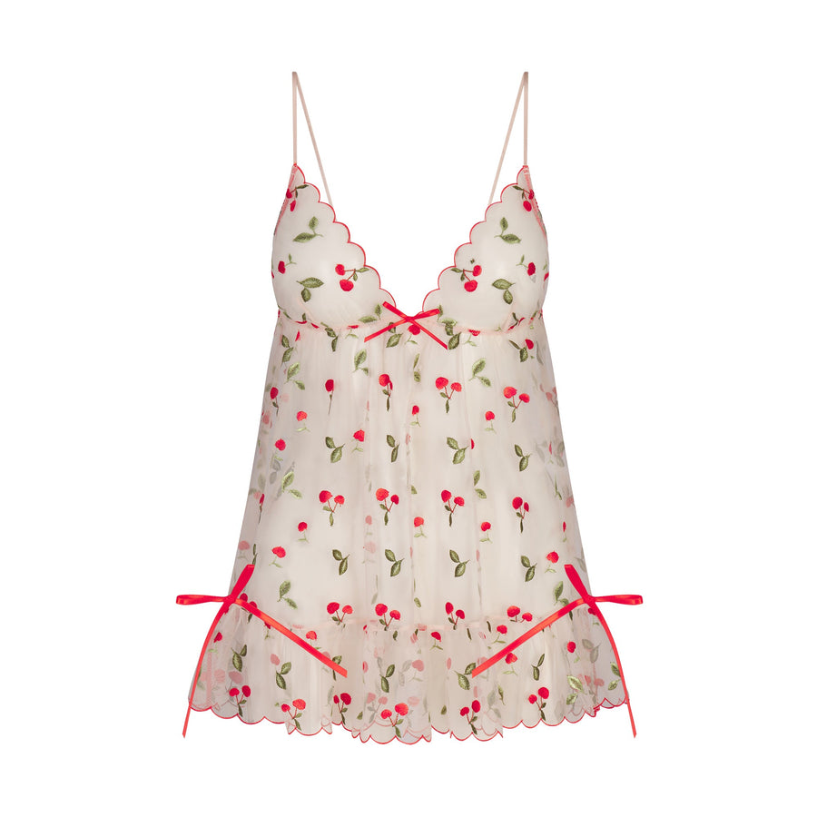 EMBROIDERED TULLE MINI SLIP DRESS AND TANGA SET | PRIMROSE CHERRY TULLE