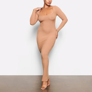 SOFT LOUNGE LONG SLEEVE DRESS | CAMEL