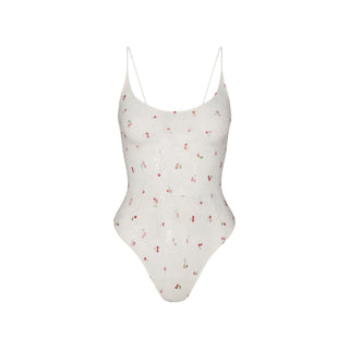 STRETCH LACE SCOOP NECK BODYSUIT | IVORY CHERRY PRINT