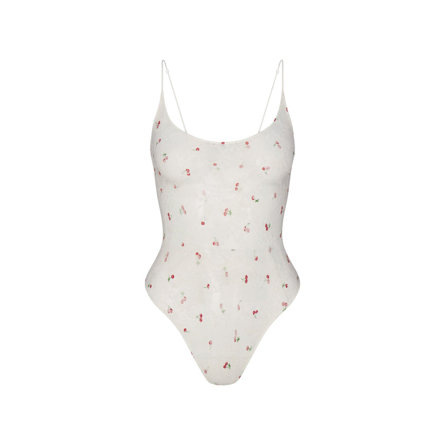 STRETCH LACE SCOOP NECK BODYSUIT | IVORY CHERRY PRINT