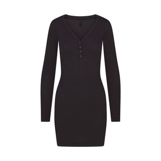 WOOL RIB HENLEY DRESS | OBSIDIAN