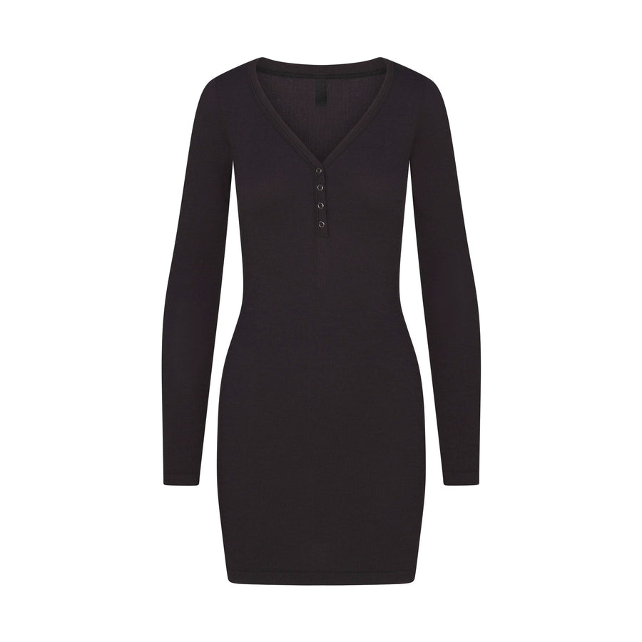 WOOL RIB HENLEY DRESS | OBSIDIAN