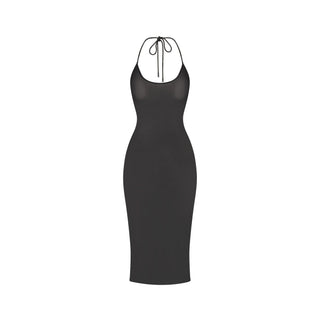 RHINESTONE KNIT HALTER MIDI SLIP DRESS | ONYX