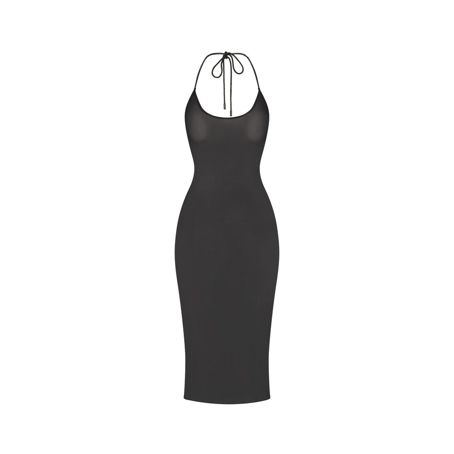 RHINESTONE KNIT HALTER MIDI SLIP DRESS | ONYX