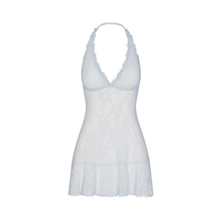 STRETCH LACE HALTER MINI DRESS | POWDER BLUE