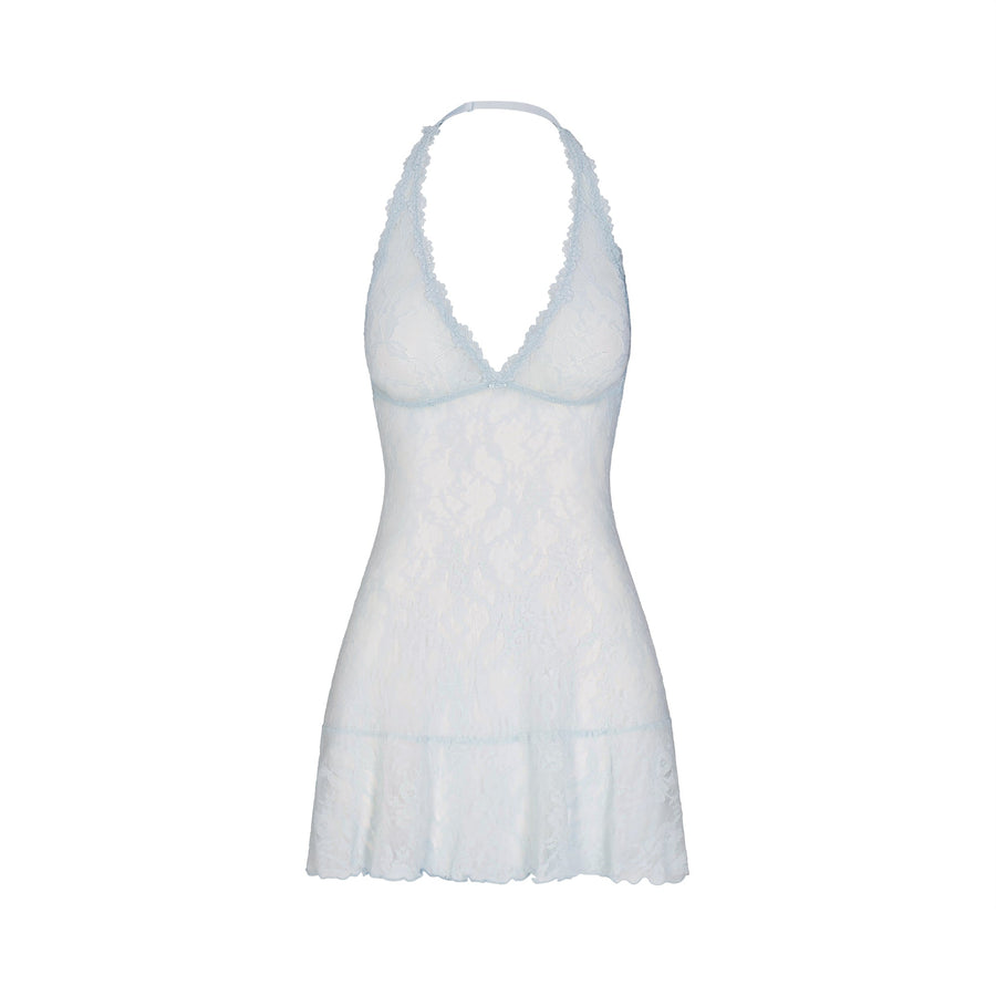 STRETCH LACE HALTER MINI DRESS | POWDER BLUE