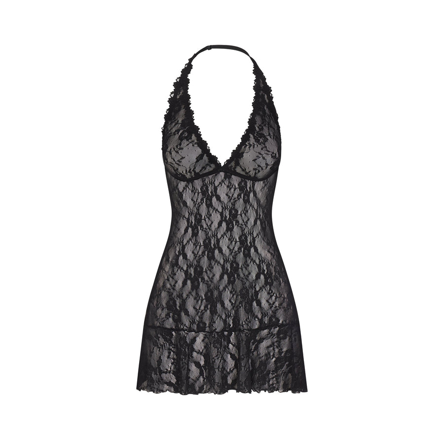 STRETCH LACE HALTER MINI DRESS | SOOT