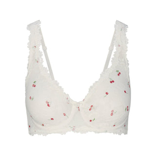 STRETCH LACE UNLINED FULL COVERAGE BRA | IVORY CHERRY PRINT