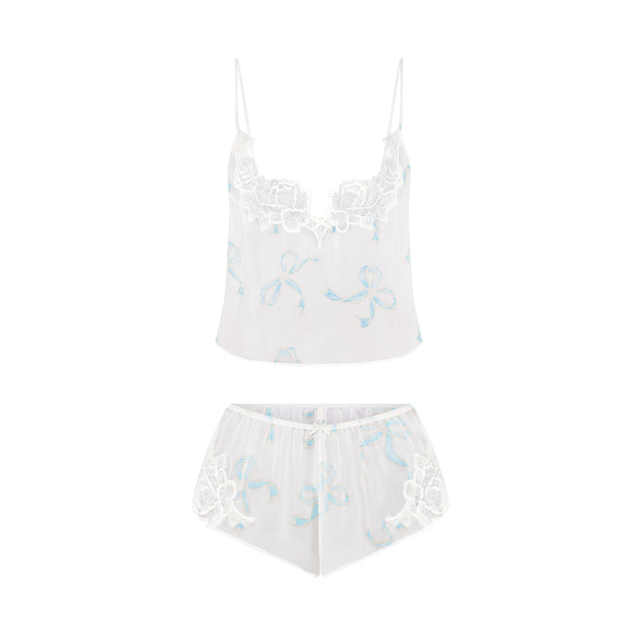 SKIMS ROMANCE CAMI AND SHORT SET | IVORY PEARL BOWS PRINT