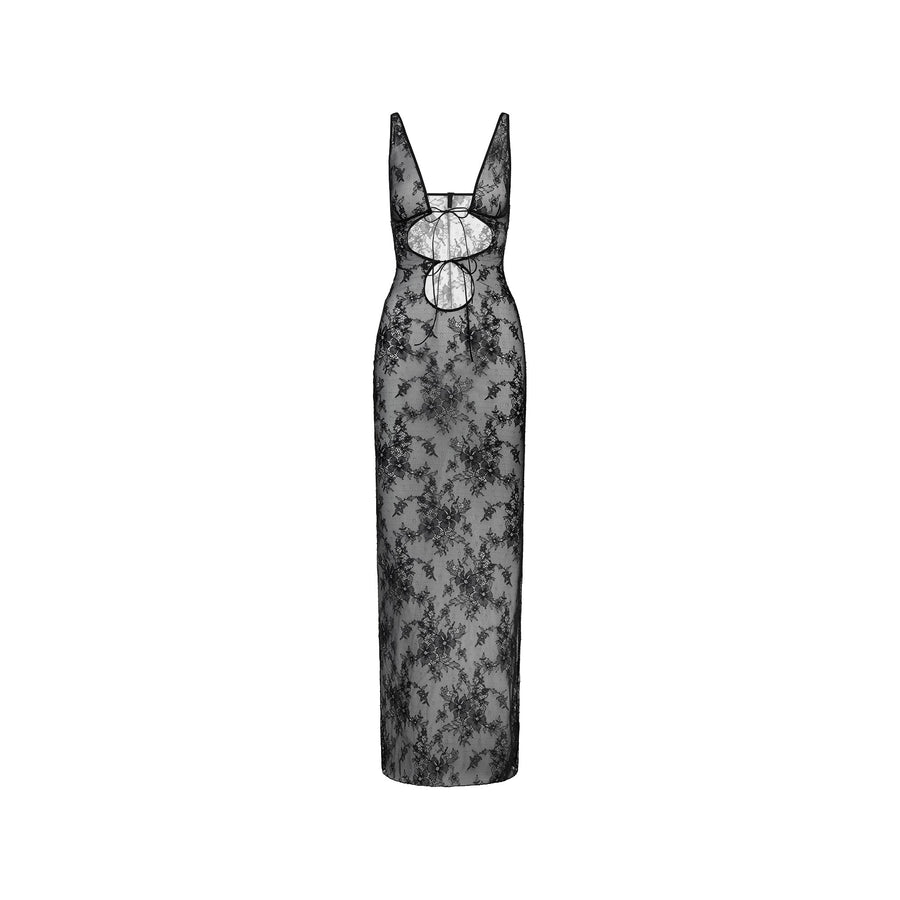 ULTRA FINE LACE TIE FRONT LONG SLIP DRESS | ONYX