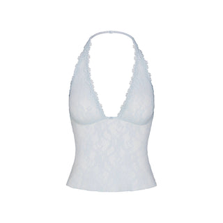 STRETCH LACE HALTER TOP | POWDER BLUE
