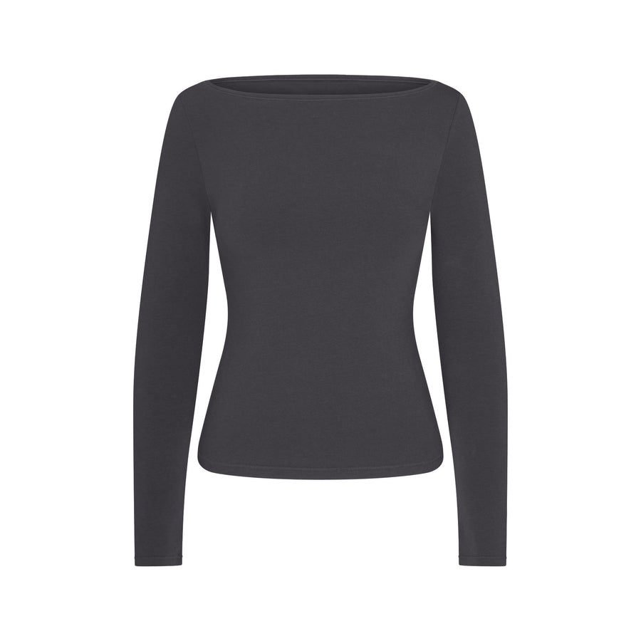 COTTON JERSEY LONG SLEEVE BOATNECK TOP | ASH