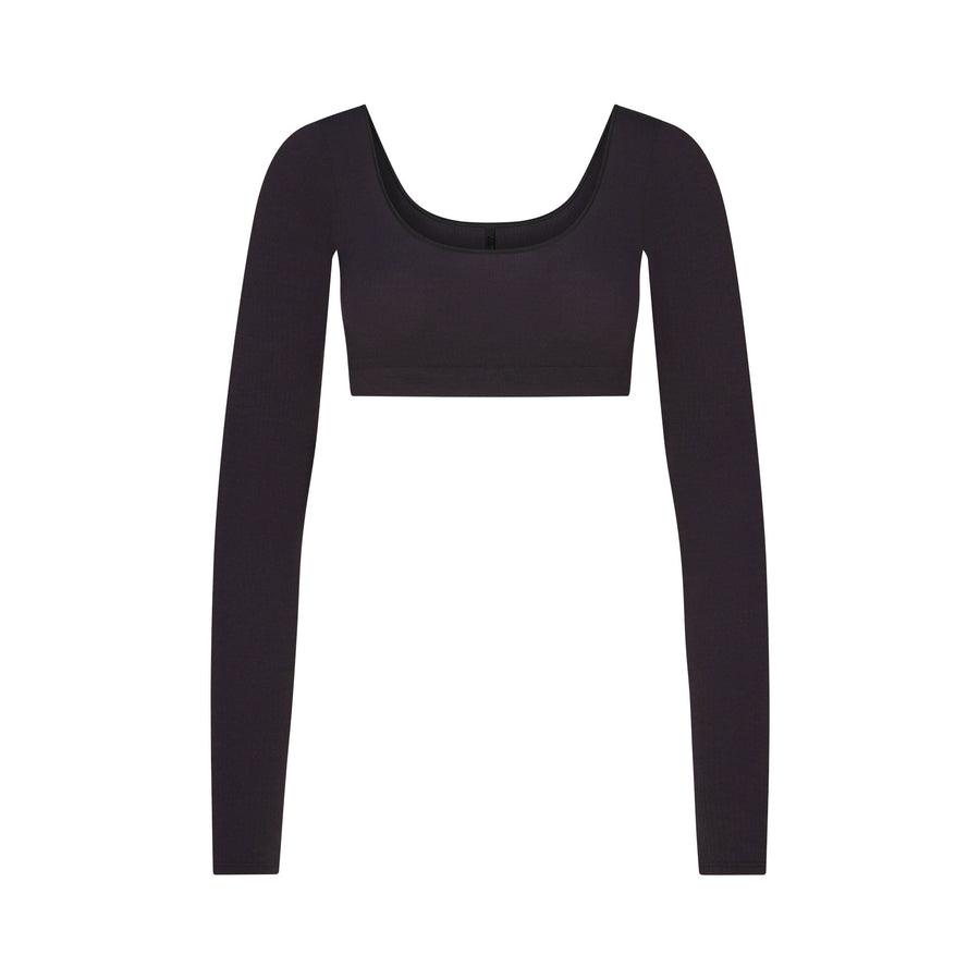 WOOL RIB LONG SLEEVE SUPER CROPPED TOP | OBSIDIAN