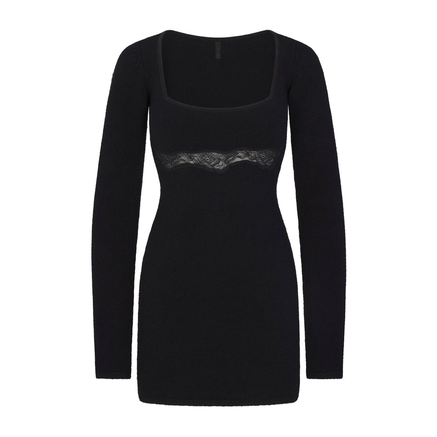 LACE KNIT LONG SLEEVE MINI DRESS | OBSIDIAN