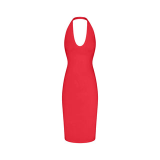 SMOOTH LAYERS PLUNGE HALTER MIDI DRESS | CARMINE